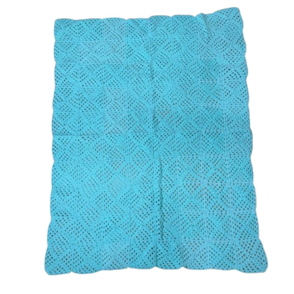 Vintage Handknit Crochet Mint Green Baby Blanket Stroller Crib Open Knit